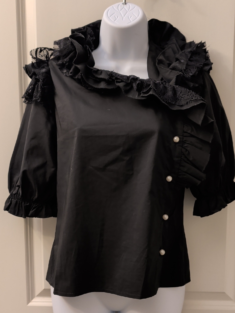 Black Ruffle-Trim Pearl-Button Women's Blouse